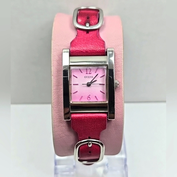 Women Guess Watch Pink Leather Wide Band Cuff Silver Case Quartz New Battery - Picture 1 of 11